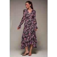 Jolie Moi Women's Long Sleeve Ruffle Hem Mesh Maxi Dress in Black | Size: 12