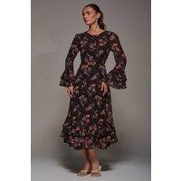 Jolie Moi Women's Long Sleeve Chiffon Frill Midaxi Dress in Burgundy | Size: 14