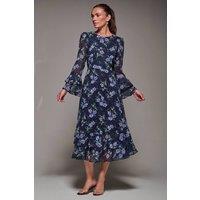 Jolie Moi Women's Long Sleeve Chiffon Frill Midaxi Dress in Navy | Size: 14
