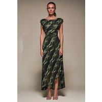 Jolie Moi Women's Asymmetric Draped Mesh Maxi Dress in Khaki | Size: 16