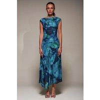 Jolie Moi Women's Slash Neck Ruched Mesh Maxi Dress in Blue | Size: 12