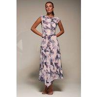 Jolie Moi Women's Slash Neck Ruched Mesh Maxi Dress in Beige | Size: 14