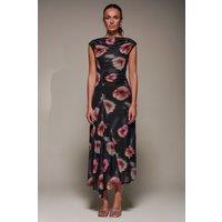 Jolie Moi Women's Slash Neck Ruched Mesh Maxi Dress in Black | Size: 16