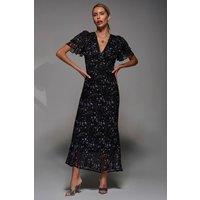 Jolie Moi Women's V-Neck Frill Sleeve Chiffon Midaxi Dress in Black | Size: 10