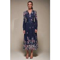 Jolie Moi Women's Long Sleeve Printed Mesh Midaxi Dress in Navy | Size: 16