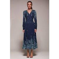 Jolie Moi Women's Long Sleeve Printed Mesh Midaxi Dress in Blue | Size: 14