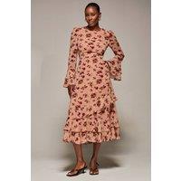 Jolie Moi Women's Long Sleeve Frill Chiffon Midaxi Dress in Coral | Size: 14