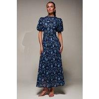 Jolie Moi Women's Puffy Sleeve Printed Mesh Maxi Dress in Navy | Size: 16