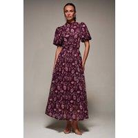 Jolie Moi Women's Puffy Sleeve Printed Mesh Maxi Dress in Burgundy | Size: 14