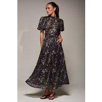 Jolie Moi Women's Puffy Sleeve Printed Mesh Maxi Dress in Dark Green | Size: 12