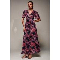 Jolie Moi Women's Angel Sleeve Draped Mesh Maxi Dress in Pink | Size: 8