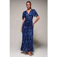 Jolie Moi Women's Angel Sleeve Draped Mesh Maxi Dress in Dark Blue | Size: 14