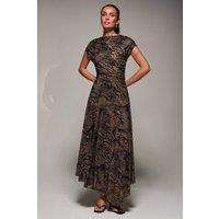 Jolie Moi Women's Asymmetrical Draped Slash Neck Midaxi Dress in Brown | Size: 16