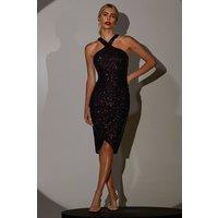 Jolie Moi Women's Halter Neck Sequin Wrap Midi Dress in Black | Size: 14