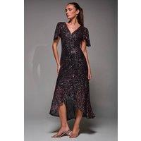 Jolie Moi Women's Sequin Angel Sleeve Ruffle Hem Maxi Dress | Size: 12