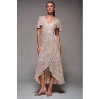 Jolie Moi Women's Sequin Angel Sleeve Ruffle Hem Maxi Dress in Beige | Size: 10