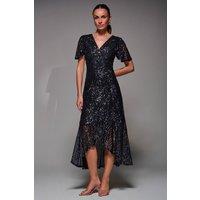 Jolie Moi Women's Sequin Angel Sleeve Ruffle Hem Maxi Dress in Metallics | Size: 16