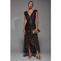 Jolie Moi Women's Sequin Asymmetric Ruffle Hem Maxi Dress in Gold | Size: 12