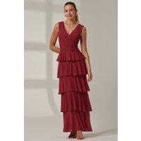 Jolie Moi Women's Mesh Sleeveless Tierred Maxi Dress in Burgundy | Size: 14