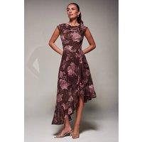 Jolie Moi Women's Asymmetrical Draped Mesh Midaxi Dress in Burgundy | Size: 18