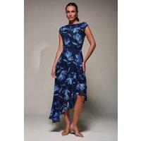 Jolie Moi Women's Asymmetrical Draped Mesh Midaxi Dress in Navy | Size: 16