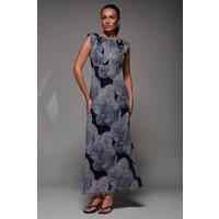 Jolie Moi Women's Slash Neck Fit & Flare Mesh Maxi Dress in Dark Grey | Size: 16