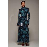 Jolie Moi Women's Ruffle Long Sleeve Mesh Maxi Dress in Blue | Size: 14