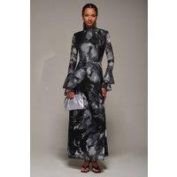 Jolie Moi Women's Ruffle Long Sleeve Mesh Maxi Dress in Black | Size: 8