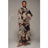 Jolie Moi Women's Ruffle Long Sleeve Mesh Maxi Dress in Brown | Size: 14