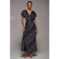 Jolie Moi Women's Ruffle Sleeve Print Satin Maxi Dress in Grey | Size: 14