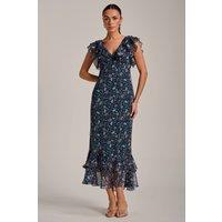 Jolie Moi Women's Ruffle V Neckline Chiffon Midaxi Dress in Teal | Size: 16