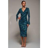 Jolie Moi Women's Ruffle V-Neckline Mesh Bodycon Midaxi Dress in Green | Size: 12