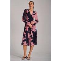 Jolie Moi Women's Long Sleeve Printed Mesh Midi Dress in Dark Navy | Size: 10
