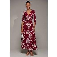 Jolie Moi Women's Jersey Ruched Waist Fit & Flare Maxi Dress in Burgundy | Size: 16