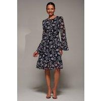 Jolie Moi Women's Long Sleeve Frill Chiffon Knee-Length Dress in Black | Size: 16