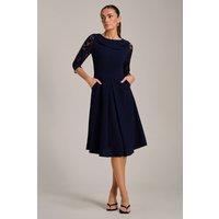 Jolie Moi Women's Roll Neck Lace Sleeve Fit & Flare Midi Dress in Navy | Size: 16
