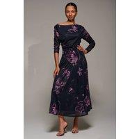 Jolie Moi Women's Long Sleeve Asymmetric Mesh Midi Dress in Dark Pink | Size: 18