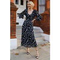 Jolie Moi Women's Ruffle V Neck Long Sleeve Mesh Maxi Dress in Dark Navy | Size: 8