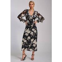 Jolie Moi Women's Ruffle V Neck Long Sleeve Mesh Maxi Dress in Black | Size: 8