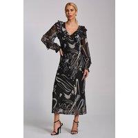 Jolie Moi Women's Ruffle V Neck Long Sleeve Mesh Maxi Dress in Dark Grey | Size: 20