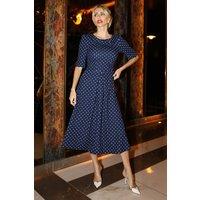 Jolie Moi Women's Printed Scuba Fold Collar Midi Dress in Navy | Size: 14