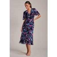 Jolie Moi Women's Ruffle Detail Ruched Mesh Midi Dress in True Black | Size: 14