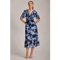 Jolie Moi Women's Ruffle Detail Ruched Mesh Midi Dress in Blue | Size: 10