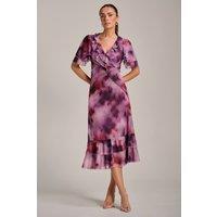 Jolie Moi Women's Ruffle Detail Ruched Mesh Midi Dress in Pink | Size: 16