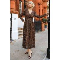 Jolie Moi Women's Long Sleeve Pleated Lace Maxi Dress in Brown | Size: 18