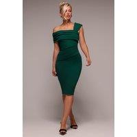 Goddiva Women's Scuba Crepe Pleated Drop Shoulder Midi Dress in Green | Size: 12