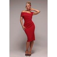 Goddiva Women's Scuba Crepe Pleated Drop Shoulder Midi Dress in Red | Size: 10
