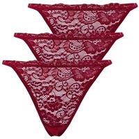 WOVCOR Women's 3 Pack Lace Detail Knitted Thong Briefs Multipack in Burgundy | Size: Small