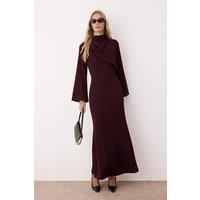 WOVCOR Women's High Neck Draped Detail Elegant Maxi Dress with Flared Sleeves in Burgundy | Size: 14