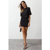 WOVCOR Women's Crew Neck Relaxed Fit Mini Dress with Draped Waist Detail in Black | Size: Medium